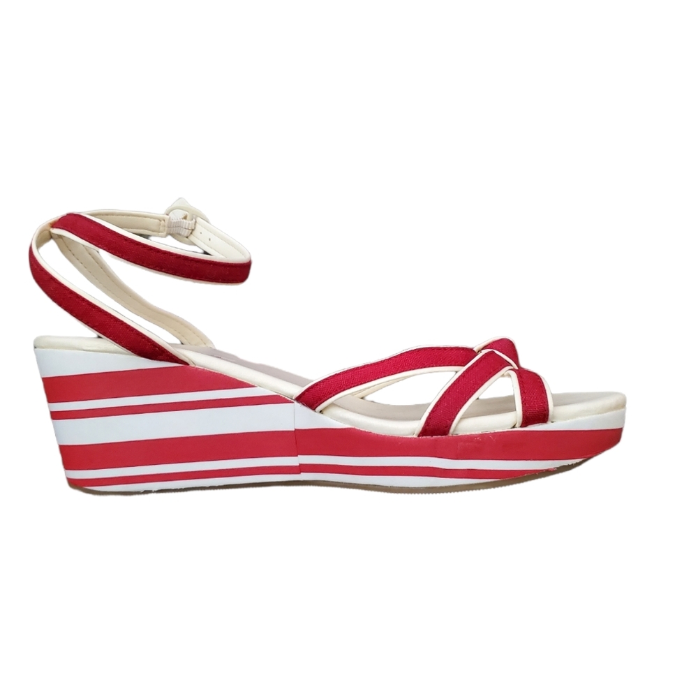 American Eagle Strapy Wedge Sandals Sz 10 Red & Wht NWOT - Picture 3 of 11